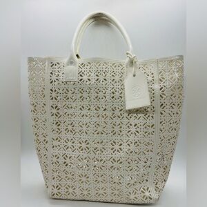 Tory Burch white geometric laser cut out tote bag